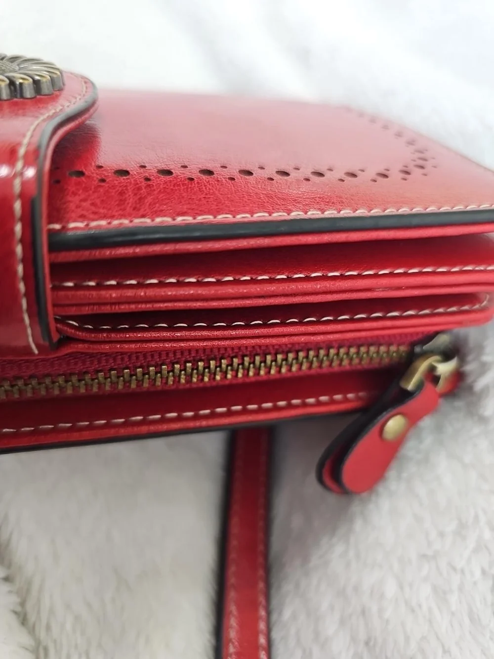 SENDEFN Red Genuine Leather RFID Wristlet Wallet Sunflower Snap